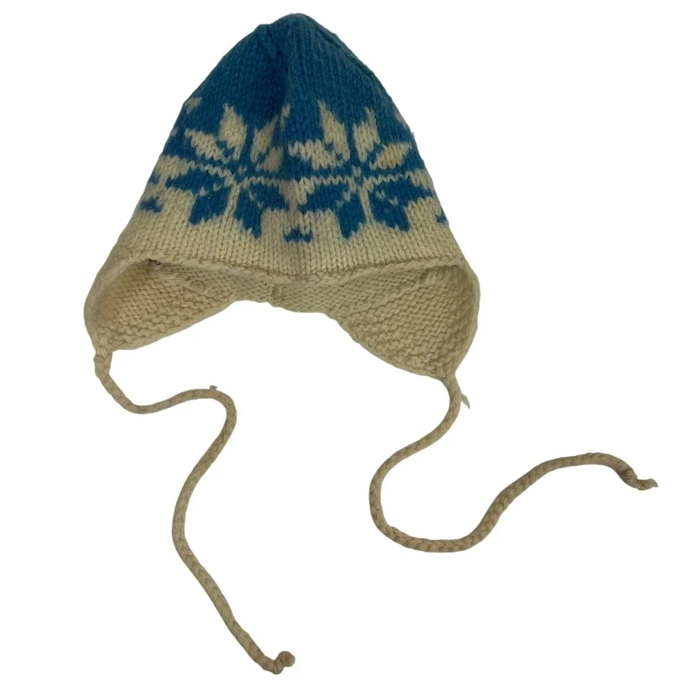 Vintage Handknit Kids Blue Cream Snowflake‎ Knit Trapper Wool Hat with Ties